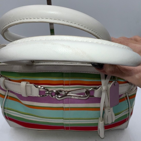 Coach Hampton Multicolor Canvas White Leather Trim Stripes Satchel Tote Bag - Picture 6 of 14